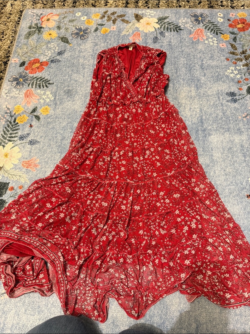 Max Studio Red Floral Tiered Midi Dress Sleeveless V-Neck Boho L